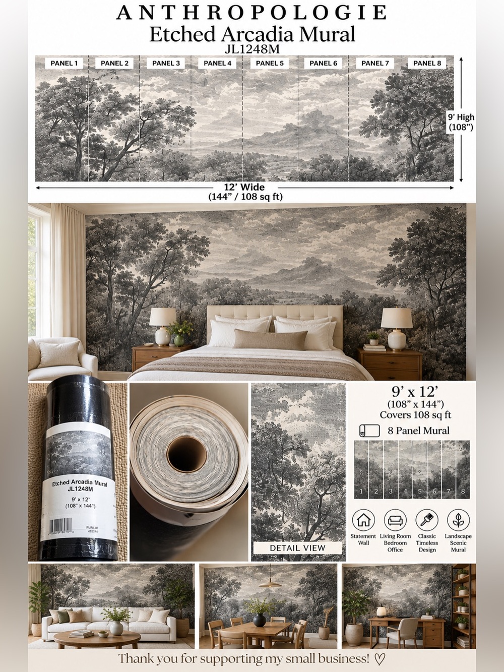 Anthropologie Etched Arcadia Mural Wallpaper JL1248M 9’ x 12’ 108 Sq Ft Unused